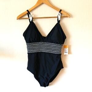 Kona Sol High Coverage One Piece Swimsuit Black With Embroidery